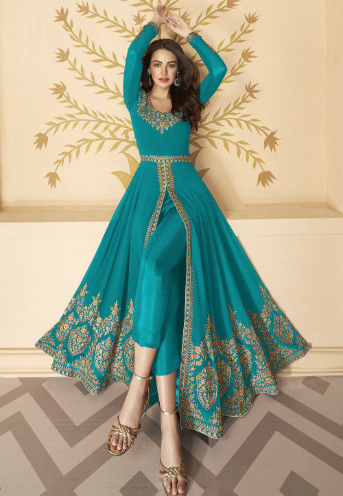 Embroidered Georgette Front Slit Abaya Style Suit in Sky Blue