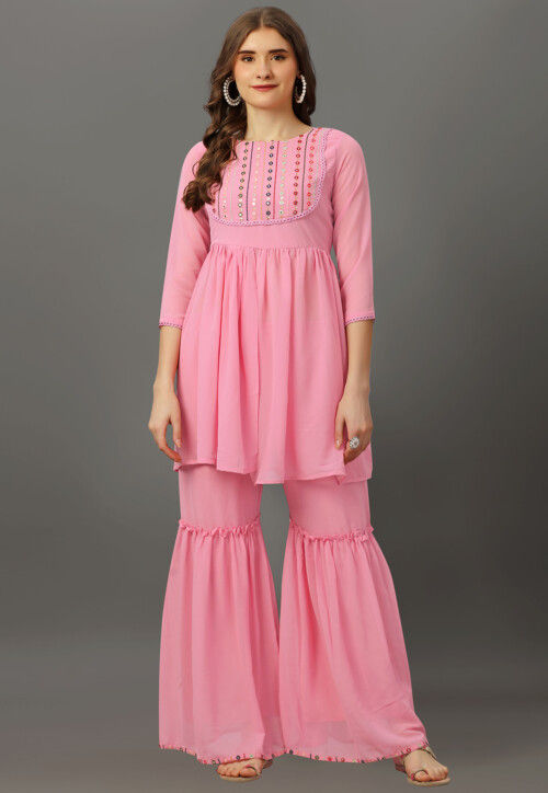 Buy Embroidered Georgette Front Slit Kurti Set in Pink Online TWJ5029 Utsav Fashion