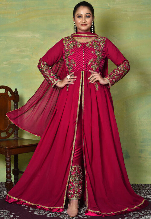 Embroidered Georgette Front Slit Pakistani Suit in Magenta