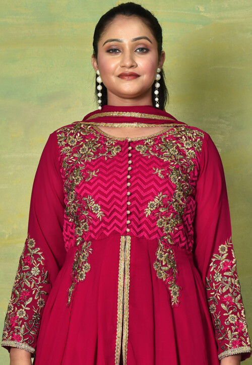 Embroidered Georgette Front Slit Pakistani Suit in Magenta