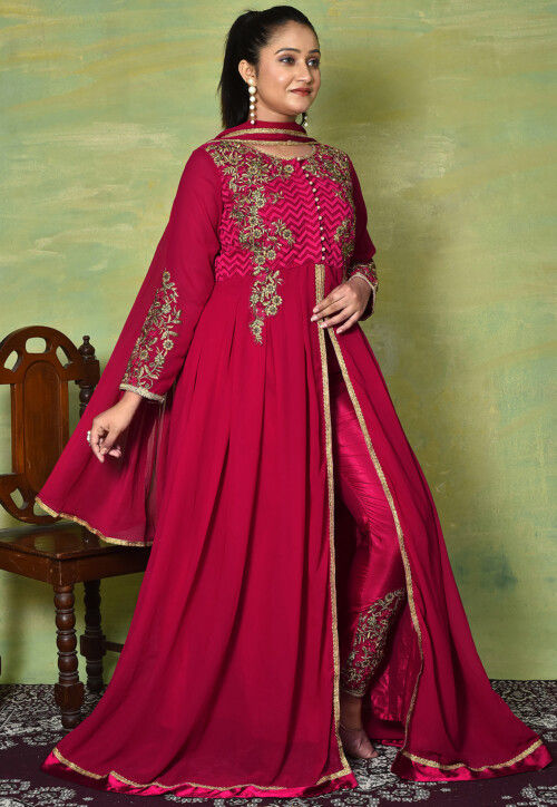 Embroidered Georgette Front Slit Pakistani Suit in Magenta