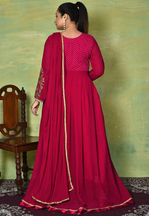 Embroidered Georgette Front Slit Pakistani Suit in Magenta