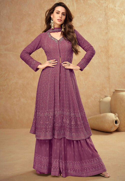 Embroidered Georgette Front Slit Pakistani Suit in Purple