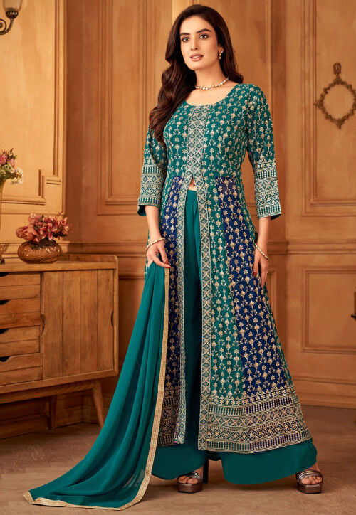 Dusty Teal Blue Slit Style Embroidered Georgette Skirt Anarkali Suit main image 1