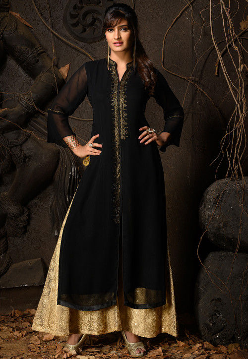 Buy Embroidered Georgette Front Slitted Kurta in Black Online : TBE478 ...