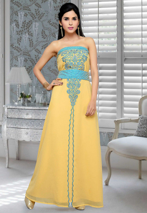 Embroidered Georgette Fustan in Yellow : QFD550