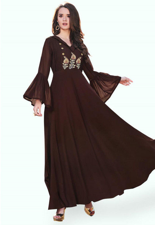 Embroidered Georgette Gown in Brown