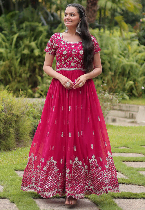 Embroidered Georgette Gown in Fuchsia