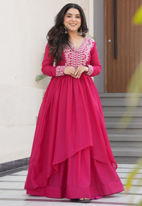 Buy Embroidered Georgette Gown in Fuchsia Online : TWJ5674 - Utsav Fashion Buy Embroidered Georgette Gown in Fuchsia Online : TWJ5674 - Utsav Fashion