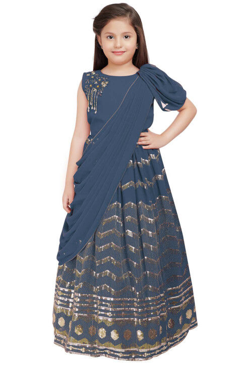 Embroidered Georgette Gown in Grey