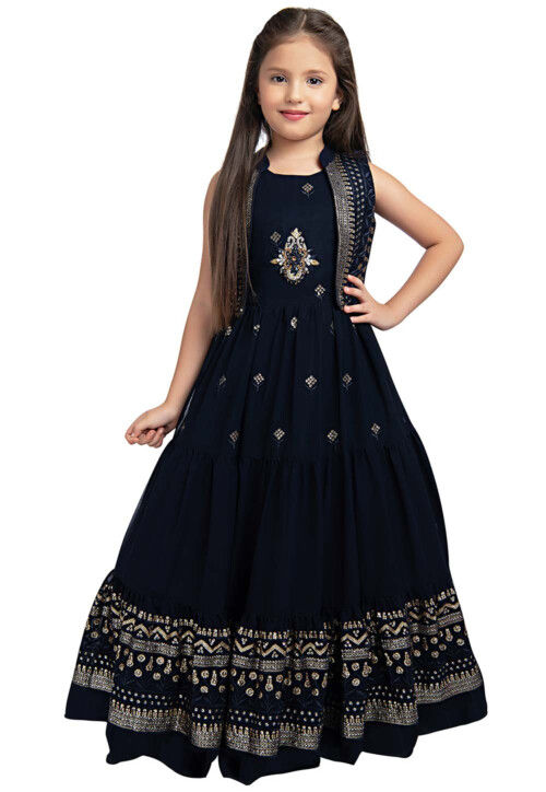 Embroidered Georgette Gown in Navy Blue