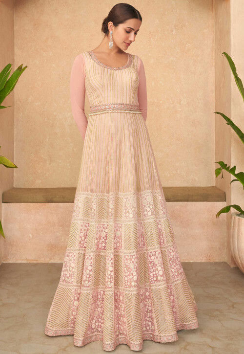 Embroidered Georgette Gown in Peach