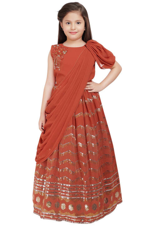 Embroidered Georgette Gown in Rust