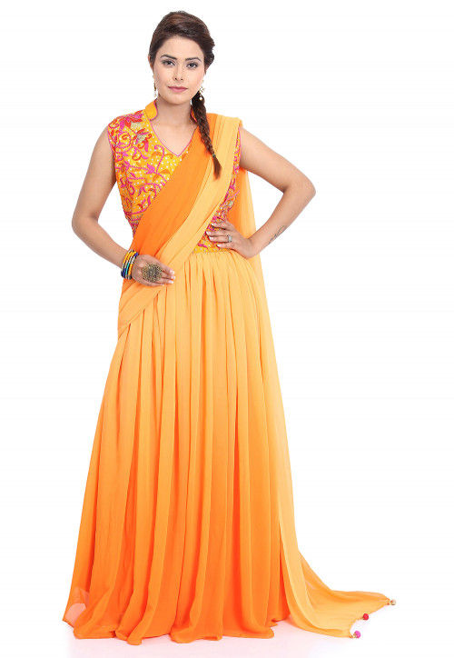 open lace back dress Tangerine Orange Embroidered Drape Saree Set XXL