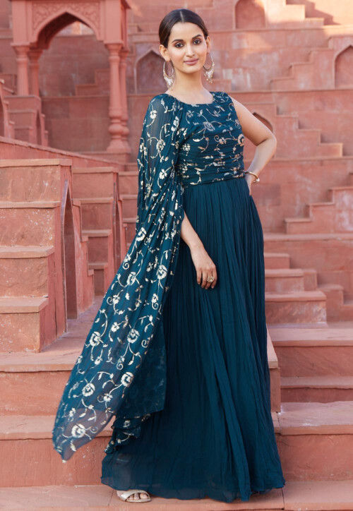 Indo Western Navy Blue Drape Dupatta Gown Long Gown Party Wear Prom Dress  Evening Dress Wedding Dress With Embroided Belt. - Etsy