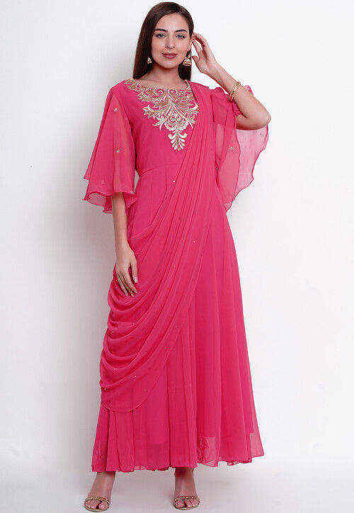 Embroidered Georgette Gown with attachable Dupatta in Coral Pink