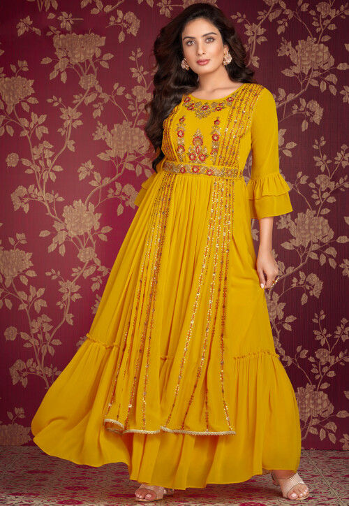 Mustard Yellow Chinon Thread, Embroidery & Sequins Work Party-Wear  Readymade Gown With Dupatta