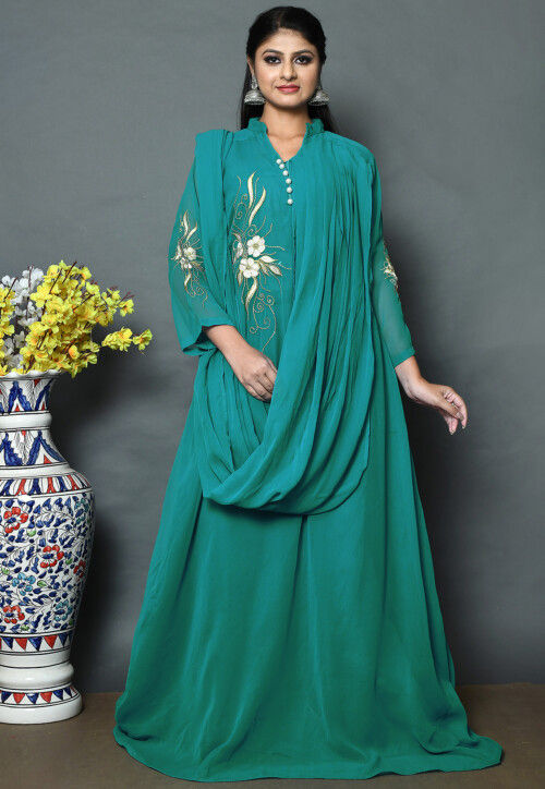 Embroidered Georgette Gown with Attached Dupatta in Teal Blue : TKR86