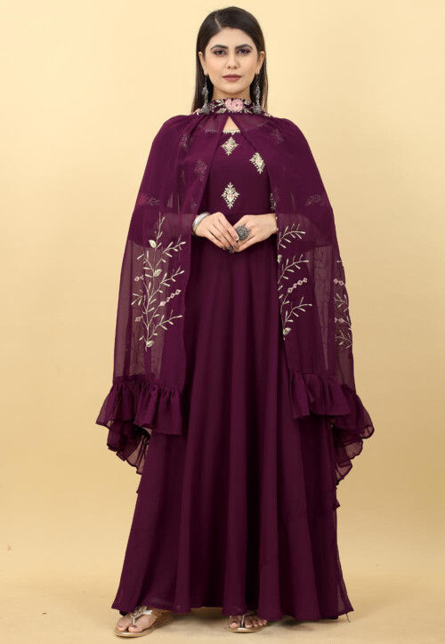 Embroidered Georgette Gown with Cape in Wine