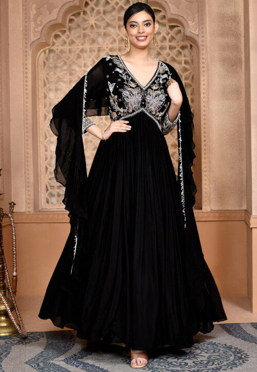 Printed Rayon Black Gown Dress with Dupatta - GW0604