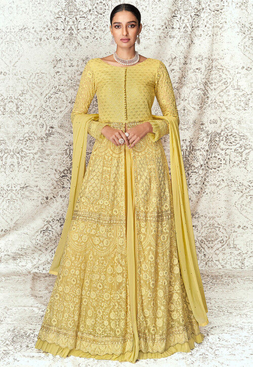 Dandelion Yellow Lehenga Choli And Off White Ruffle Jacket | Skirt and top  outfit, Yellow skirt outfits, Indian outfits lehenga