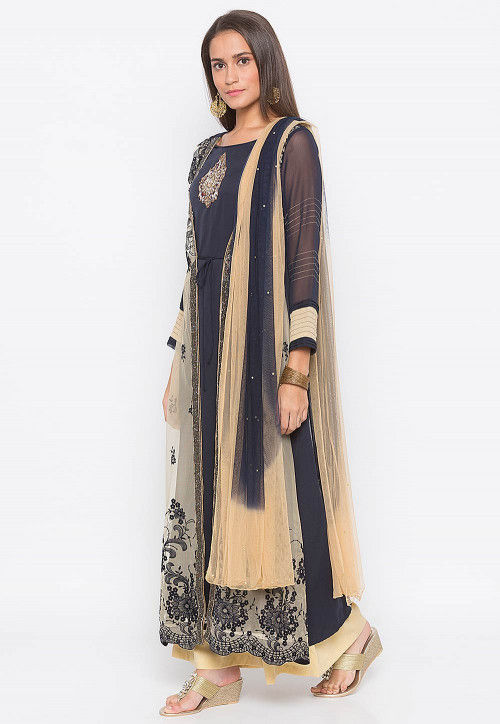 Buy Embroidered Georgette Jacket Style Pakistani Suit In Navy Blue Online Knf655 Utsav Fashion 