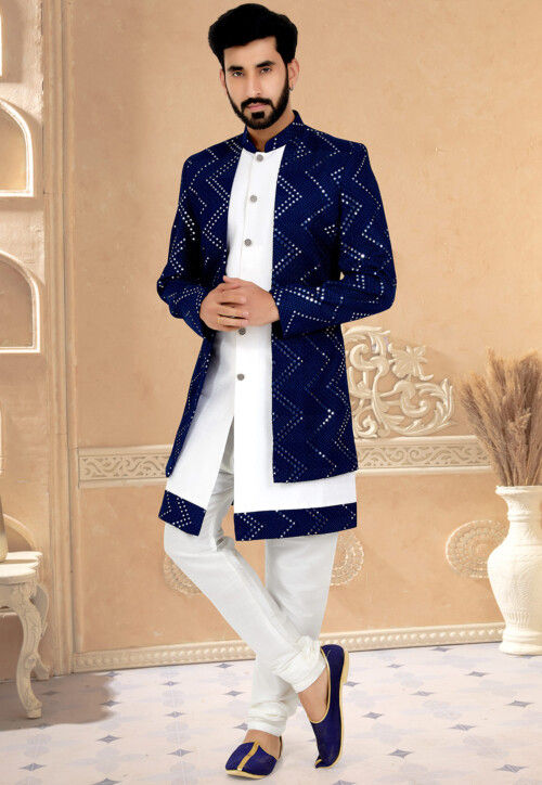 Blue Flared Style Jacket Dress with Rich Highlighted Embroidery