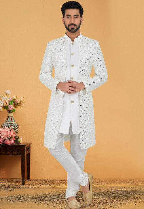 Woven Art Silk Jacket Style Sherwani in Cream and Off White – Groomzstyle