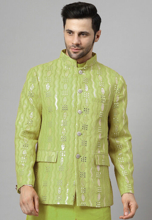 Embroidered Georgette Jodhpuri Jacket in Light Olive Green