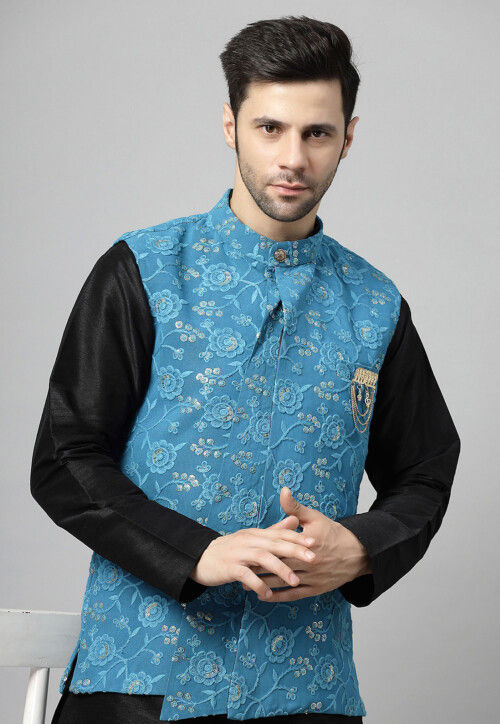 Embroidered Georgette Nehru Jacket in Sky Blue