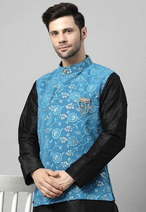 Embroidered Georgette Nehru Jacket in Sky Blue