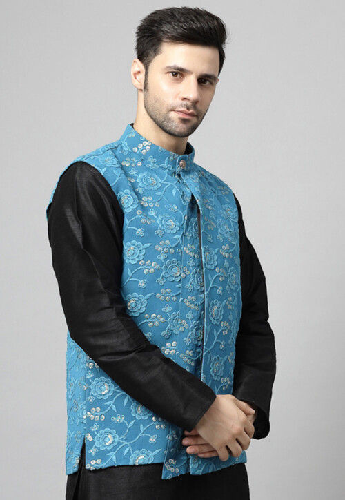 Embroidered Georgette Nehru Jacket in Sky Blue