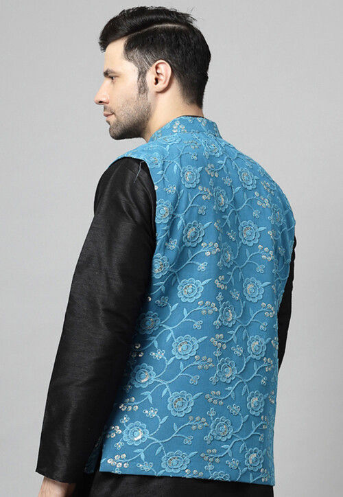 Embroidered Georgette Nehru Jacket in Sky Blue