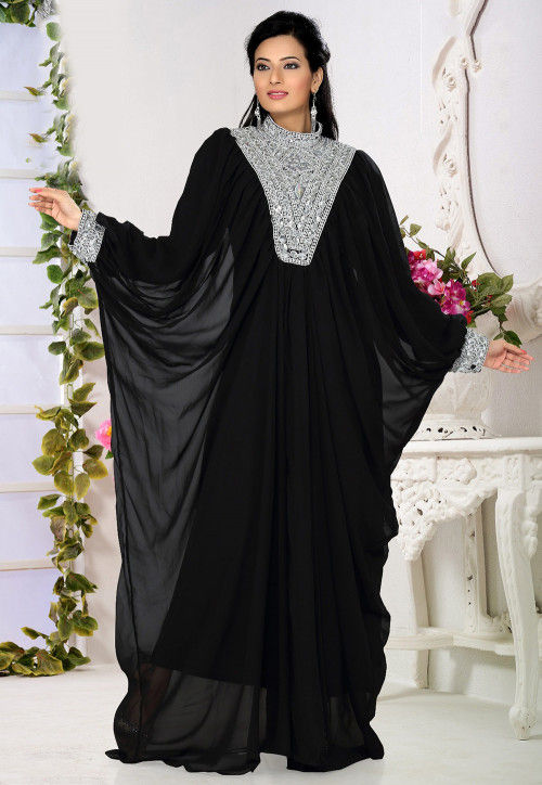 Embroidered Georgette Kaftan in Black : QFD120