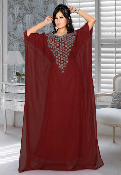 Embroidered Georgette Kaftan in Fuchsia