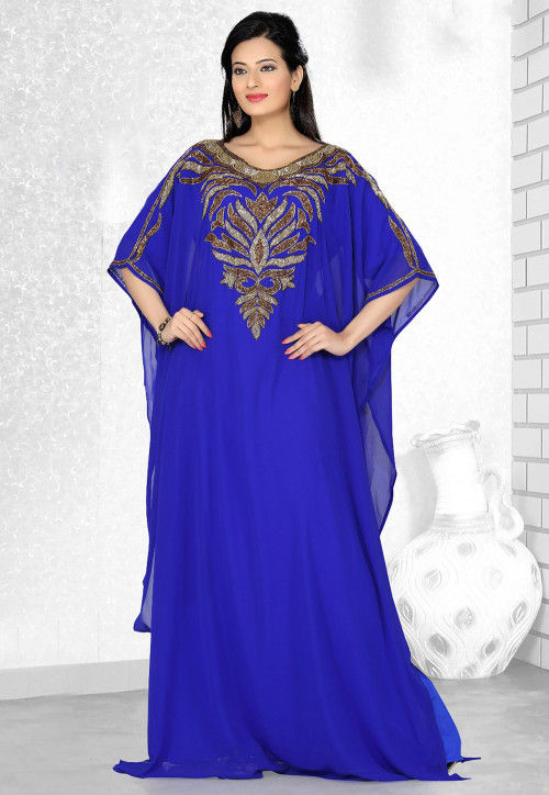 Embroidered Georgette Kaftan in Royal Blue