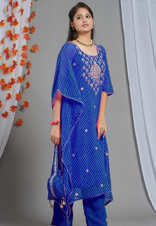 Embroidered Georgette Kaftan in Royal Blue