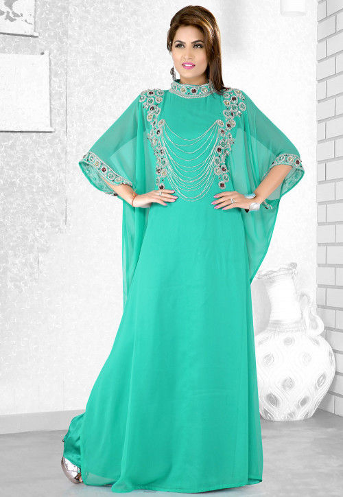 Embroidered Georgette Kaftan in Teal Green : QFD106