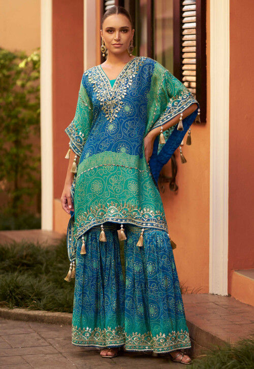 Embroidered Georgette Kaftan Set in Blue and Green