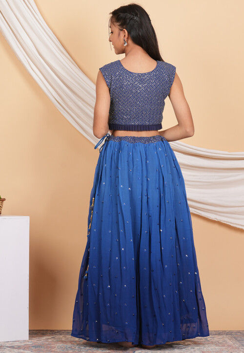 Embroidered Georgette Knife Pleated Lehenga in Shaded Blue