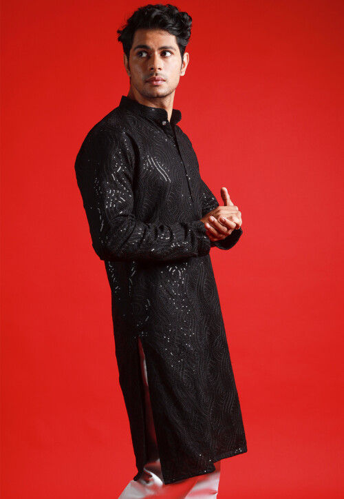 Embroidered Georgette Kurta in Black