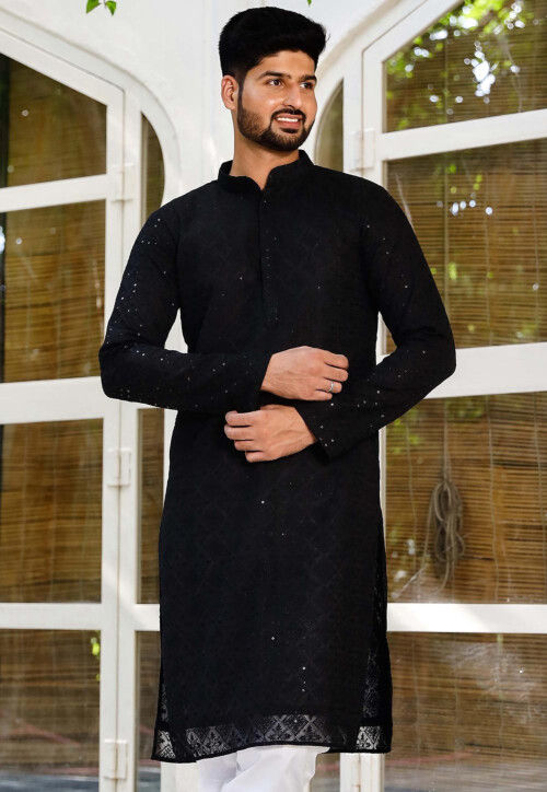 Buy Embroidered Georgette Kurta in Black Online MTE869 Utsav