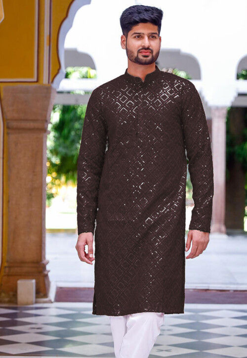 Embroidered Georgette Kurta in Brown