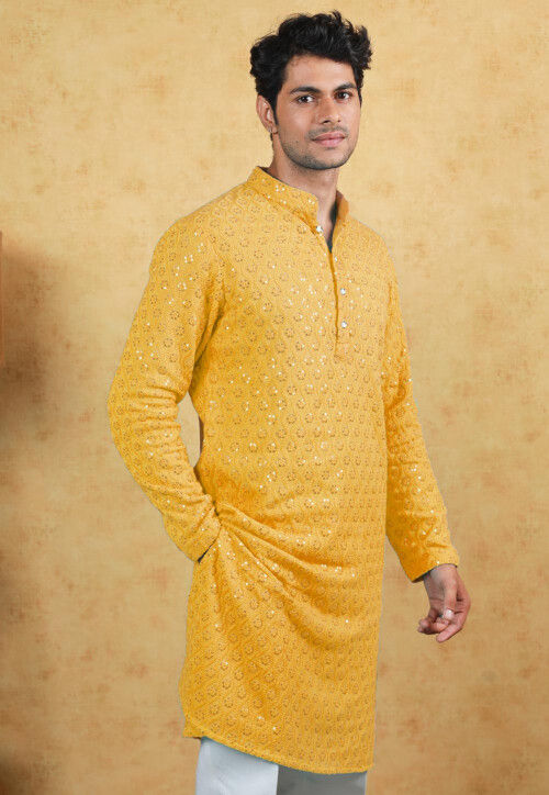 Embroidered Georgette Kurta in Light Mustard