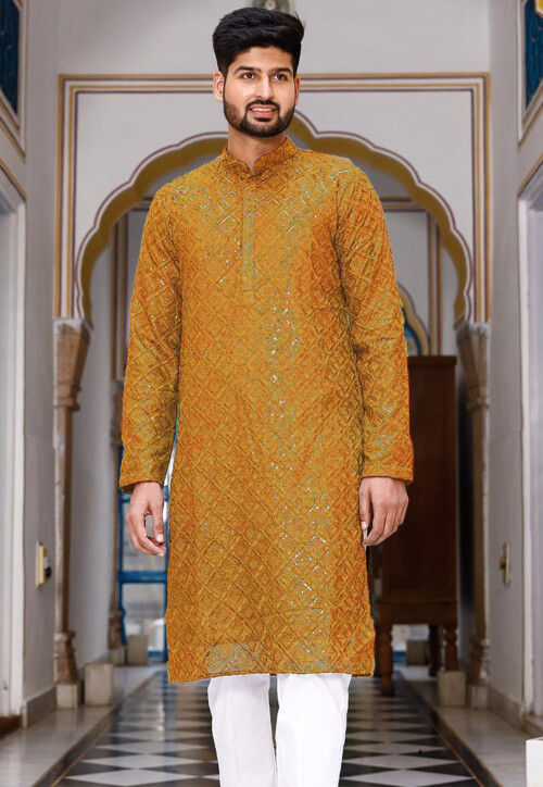 Embroidered Georgette Kurta in Mustard