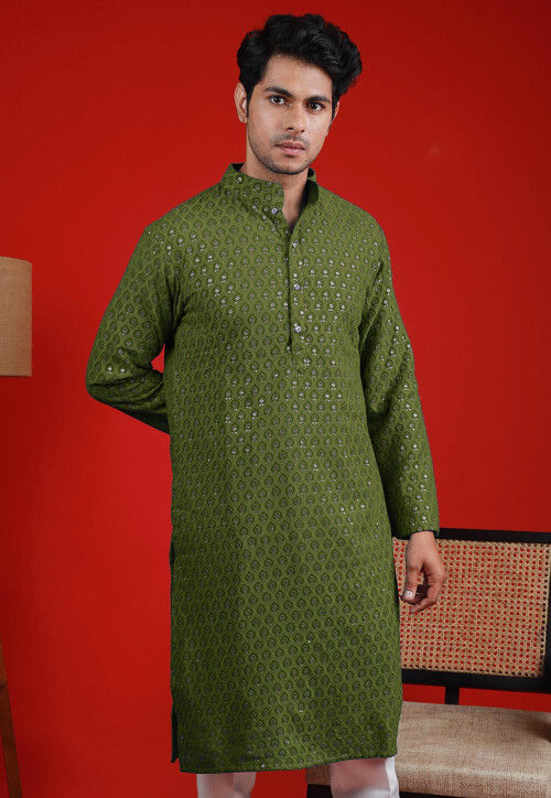 Embroidered Georgette Kurta in Olive Green