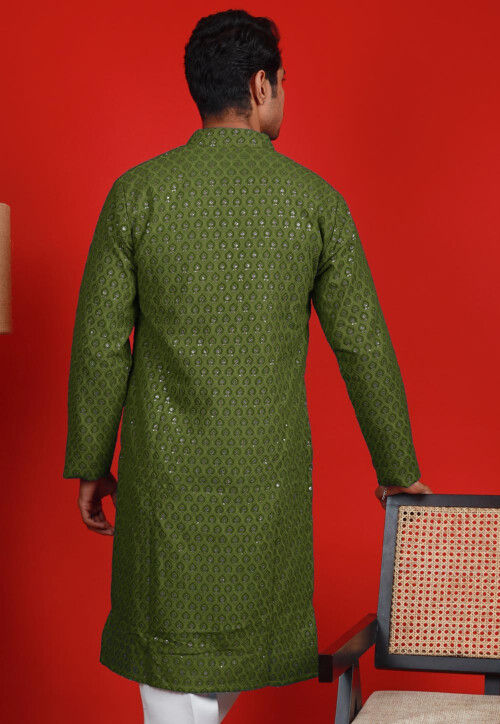 Embroidered Georgette Kurta in Olive Green