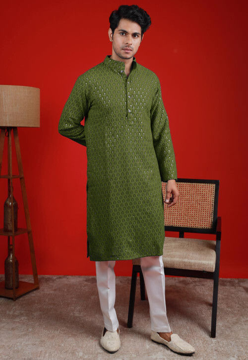 Embroidered Georgette Kurta in Olive Green