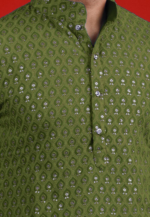 Embroidered Georgette Kurta in Olive Green