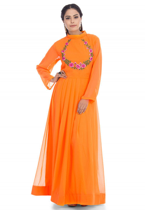 Embroidered Georgette Kurta in Orange